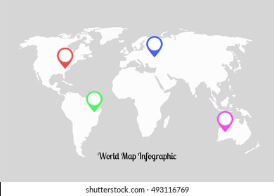 World map infographic with map pointers. Vector illustration
