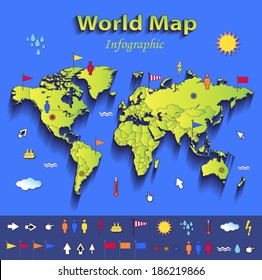 World map infographic political map blue green card paper 3D vector individual states