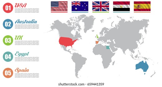 World map infographic. Slide presentation. USA, Australia, UK, Egypt, Spain business marketing concept. Color countries with flags