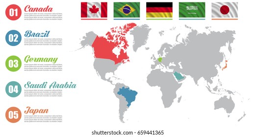 World map infographic. Slide presentation. Canada, Brazil, Germany, Saudi Arabia, Japan business marketing concept. Color countries with flags