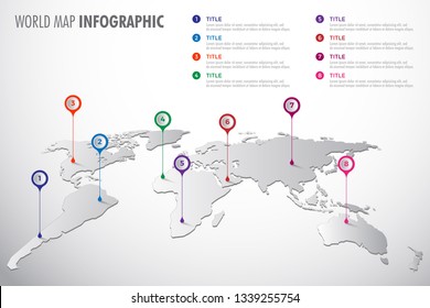 World Map infographic symbol. Icon with color pointers. Global illustration sign