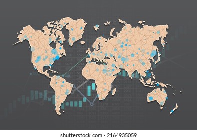 Mapa mundial con infografía. Imagen tecnológica del globo. Resumen de formas poligonales. Fondo con puntos y líneas de conexión. Concepto gráfico para su diseño