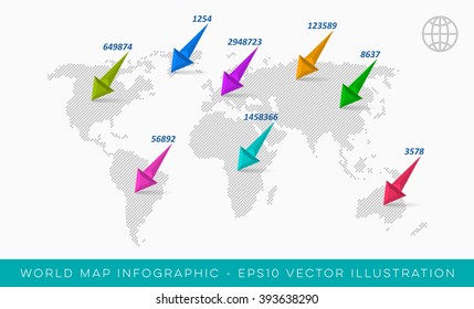 World map infographic template with 3d pointer arrows