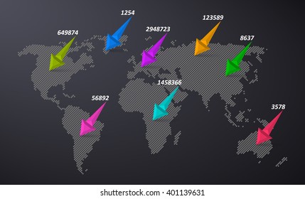 World map infographic template with 3d pointer arrows