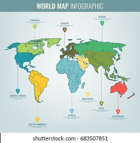 World map infographic template. All countries are selectable. Vector 