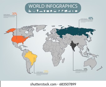 World map infographic template. All countries are selectable. Vector 