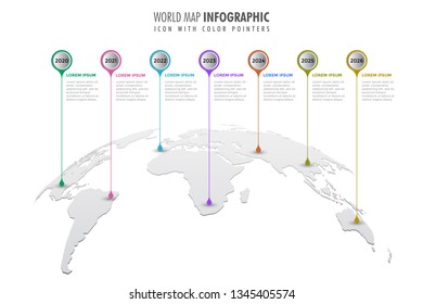 world map infographic template, color icons as data visualization