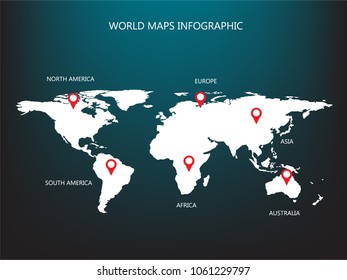 World map info-graphic template with Continental name and continental coordinates. Use for layout,  workflow, information or presentation and other. 