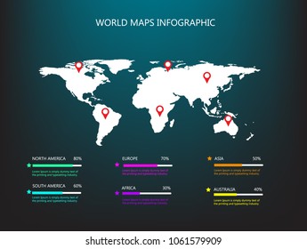 World map info-graphic template with Continental name and continental coordinates.
