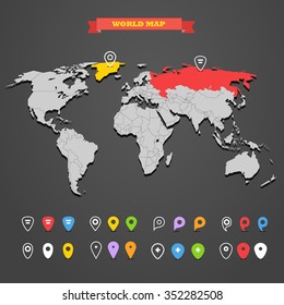 World map infographic template with different markers. All countries are selectable