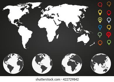 World  map infographic template with different markers and four globe icons from different sides