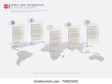 World map Infographic template, Five steps with pointer marks, Communicates data through charts, graphs, Make facts and statistics more interesting, and easier to understand.