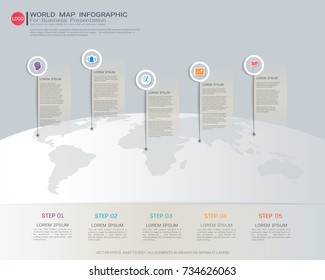 World map Infographic template, Five steps with pointer marks, Communicates data through charts, graphs, Make facts and statistics more interesting, and easier to understand.