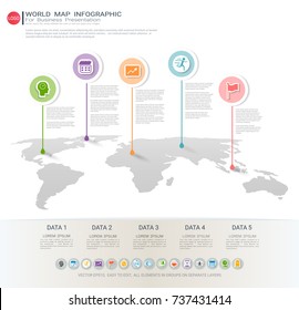 World map Infographic template, Five steps with pointer marks, Communicates data through charts, graphs, Make facts and statistics more interesting, and easier to understand.