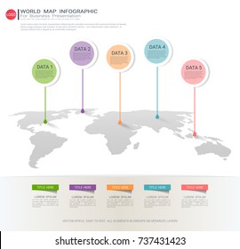World map Infographic template, Five steps with pointer marks, Communicates data through charts, graphs, Make facts and statistics more interesting, and easier to understand.