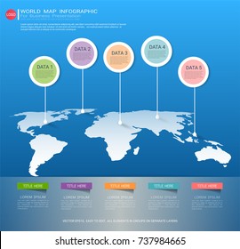 World map Infographic template, Five steps with pointer marks, Communicates data through charts, graphs, Make facts and statistics more interesting, and easier to understand.