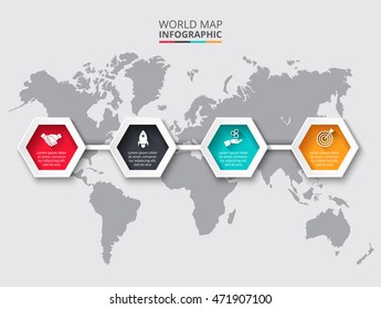 World map infographic template with hexagons. Abstract elements of graph, diagram with 4 steps, options, parts or processes.
