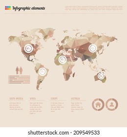 World map infographic template showing the demographic areas with proportionate percentages of statistics and text columns