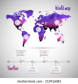 World map infographic template showing the demographic areas with proportionate percentages of statistics and modern timeline design template