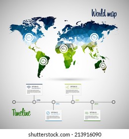 World map infographic template showing the demographic areas with proportionate percentages of statistics and modern timeline design template