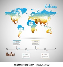 World map infographic template showing the demographic areas with proportionate percentages of statistics and modern timeline design template