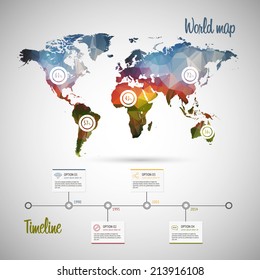World map infographic template showing the demographic areas with proportionate percentages of statistics and modern timeline design template