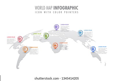 World map infographic template, symbol icon with color pointers