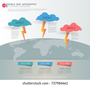World map Infographic template, Three steps with pointer marks, Communicates data through charts, graphs, Make facts and statistics more interesting, and easier to understand.