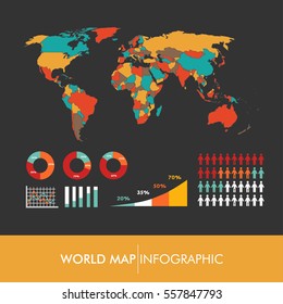 World map infographic vector. Continents and countries. Europe. Asia. North America. South America. Africa. Australia.