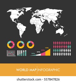 World map infographic vector. Continents and countries. Europe. Asia. North America. South America. Africa. Australia.