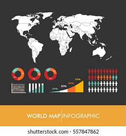World map infographic vector. Continents and countries. Europe. Asia. North America. South America. Africa. Australia.