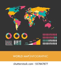 World map infographic vector. Continents and countries. Europe. Asia. North America. South America. Africa. Australia.