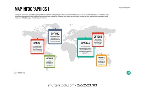 World Map Infographic - vetor com cinco opções coloridas baseadas em localização sobre um mapa global. Ideal para relatórios globais, dados geográficos, análise regional e estratégia de mercado