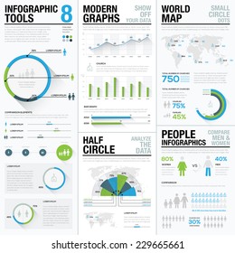 World map infographics & business visualization vector elements. Elements for graphic presentation in newspapers, brochures, flyers, websites, etc. Flat and long shadows design. Blue & green colors