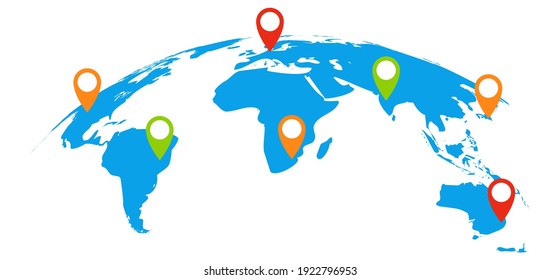 World map infographics. Continents with colorful location pins, international business presentation template, global communication visualization vector information graphic isolated on white background