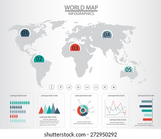 world map and  infographics elements. can be used for workflow layout, diagram, step up options, statistic elements, web design. Vector illustration.