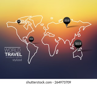 World map infographics with points and destinations in outline style