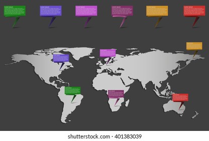 World map infographics with set of ribbons or pointers.