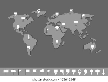 World map infographics. Systematic computational analysis of data or statistics, Grey world map with white pointers and flags