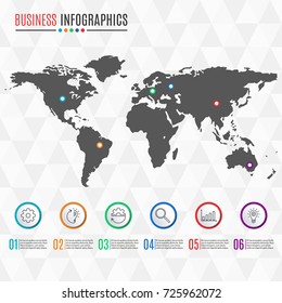 World map infographics template. 6 steps, options, levels, parts, or processes for business presentation. Circle buttons with icons. Vector illustration.