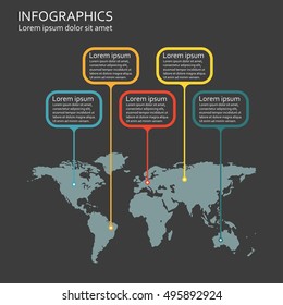 World map infographics template with pointers. Country infographic design elements. Vector illustration.