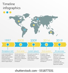 World map infographics template. Timeline infographic with 5 steps and arrows. Vector illustration.