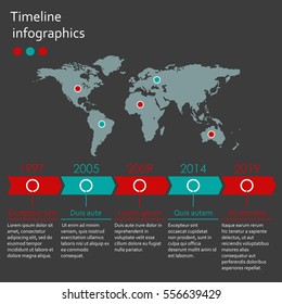 World map infographics template. Timeline infographic with 5 steps and arrows. Vector illustration.