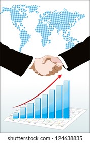 World Map and Information Graphics, handshake isolated on business background