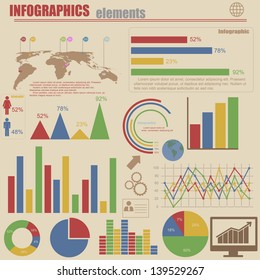 World map and information graphics on retro background, vector illustration