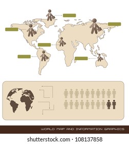 world map and information graphics, vintage. vector illustration
