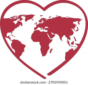 Icono del corazón interior del mapa mundial, Vector internacional del cuidado del amor global