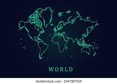 World Map - World Map International vector template with thin green outline or outline graphic sketch style and green color isolated on dark background - Vector illustration eps 10