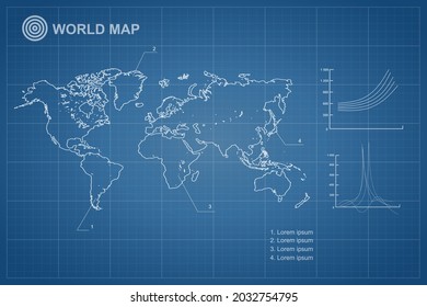 World Map International vector template with outline style and white color isolated on blueprint background - Vector illustration eps 10