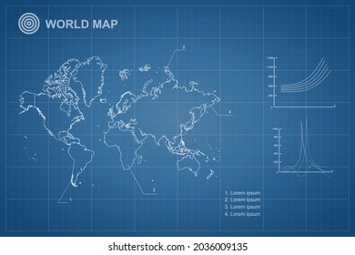 World Map - World Map International vector template with outline style and white color isolated on blueprint background - Vector illustration eps 10